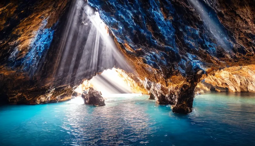 Prompt: Blue cave during the day, blue water, reflections ,god rays, incredible lighting, 4k photography award winning,