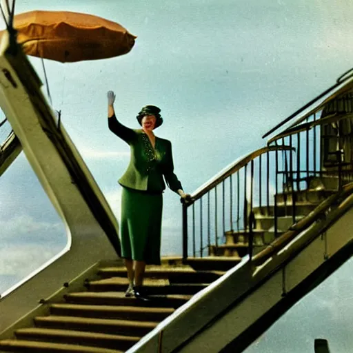 Prompt: a medium full shot, vintage historical fantasy 1 9 3 0 s kodachrome slide german and eastern european mix of a photographic portrait of the queen attending a royal tour. she is shown descending a staircase from a luxurious plane, waving to the crowd below. she is donning a pencil skirt and peplum jacket in a green skirt suit.