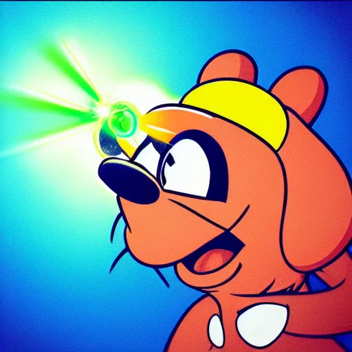 Image similar to “portrait of a cartoon animal, Disney style, pointing a laser gun at the camera”