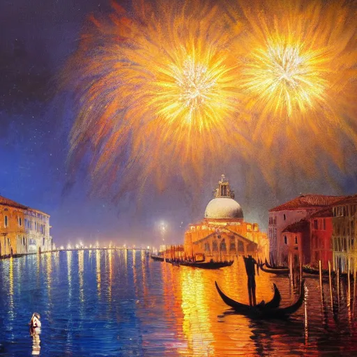 Image similar to an oil painting of couple kissing, in a background fireworks in venice