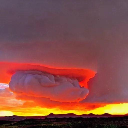 Prompt: a red sky and molten ground landscape, easter island heads are sinking in to the ground crumbling and seems to be fighting a storm or volcano