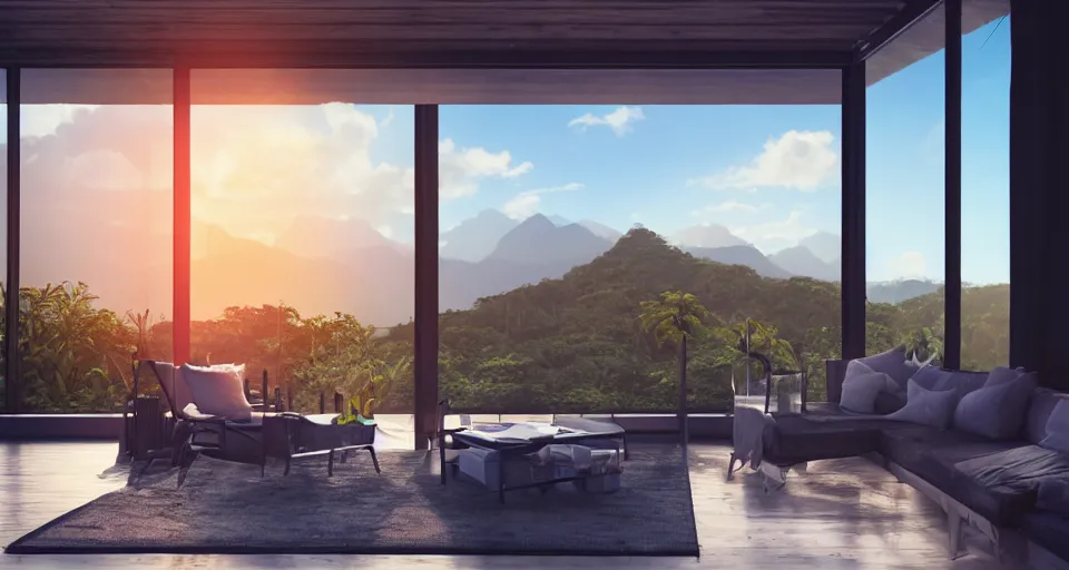 Image similar to big window, mountains in background, cloud forest in background, tropical beach in background, late afternoon sunset, dramatic lighting, holiday vibes, living room, furniture, IKEA catalogue, futuristic, ultra realistic, ultra detailed, cinematic light, anamorphic, wooden floored balcony, by Paul Lehr