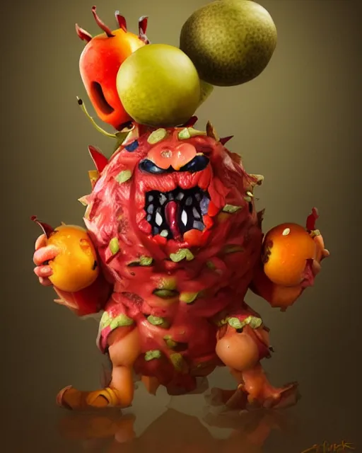 Image similar to a fruit figurine monster made of different fruit, concept art, oil painting, highly detailed, dramatic lighting, hyperrealistic, 8 k, artstation, cgsociety