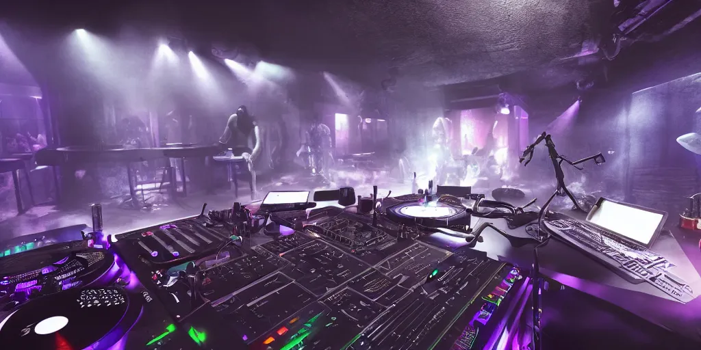 Prompt: a very buff dj playing at a club using a mixer on a tiny desk, pov, realistic 4 k octane beautifully detailed render, 4 k post - processing, highly detailed, intricate complexity, epic composition, magical atmosphere, cinematic lighting, masterpiece, ultra hd