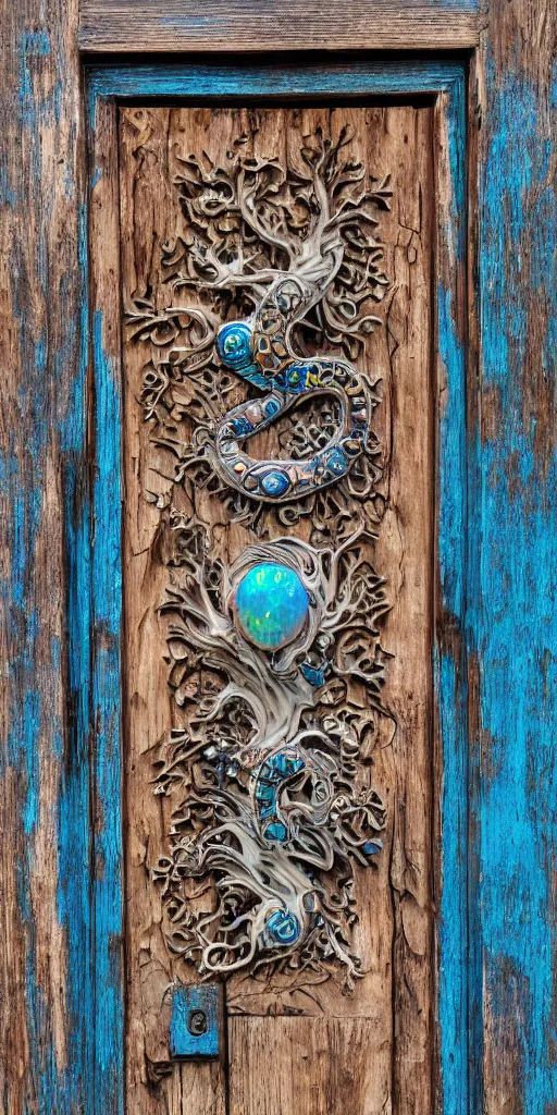 Prompt: https://s.mj.run/lcNw6KWjbsI Full old weathered wooden Door with a high relief carving of Fractal Marble and Opal Geode and Obisidian+Flowerpunk, cyberpunk, Dragonhead, twisted oak tree, jewels + Dark-blue light-blue black gold light-brown opal white + Ultra realistic, intricate detail, contrast, wet, kintsugi, rococo, baroque, 24mm lens + by Alphonse Mucha, Roger Deakins, Moebius, Mohrbacher