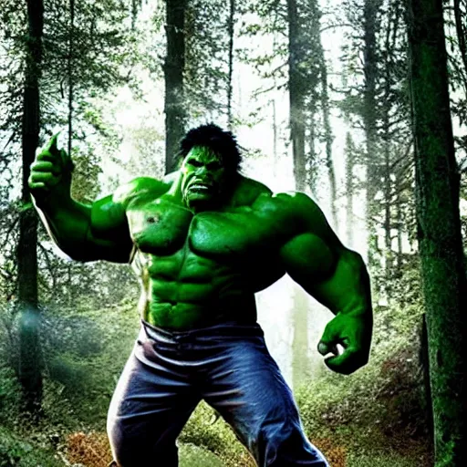 Image similar to the Incredible Hulk as a Sasquatch in the forest