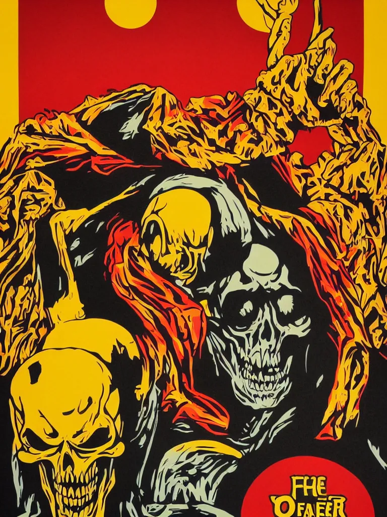 Image similar to poster of skeletor with the word fear, red yellow orange black and cream colors, poster by shepard fairey