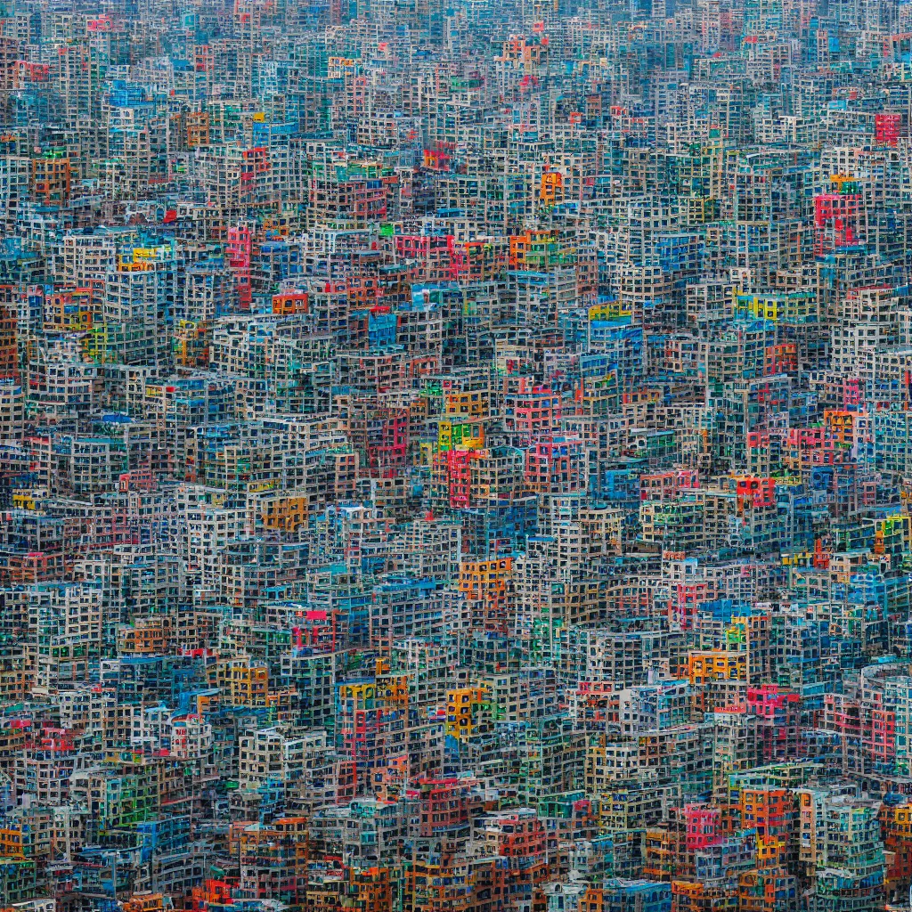 Prompt: a circular tower, made up of colourful makeshift squatter shacks in city downtown, dystopia, sony a 7 r 3, f 1 1, fully frontal view, ultra detailed, photographed by andreas gursky,