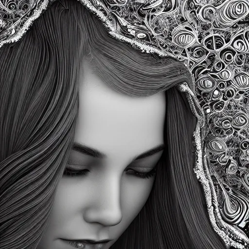 Image similar to wonderful princess, beautiful face, hyper detailed, flowing background intricate and detailed, ornate 8 k gorgeous intricate detailed, octane render,, black and white