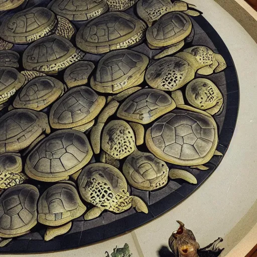 Image similar to a stack of turtles beneath a round disc map, turtle pile