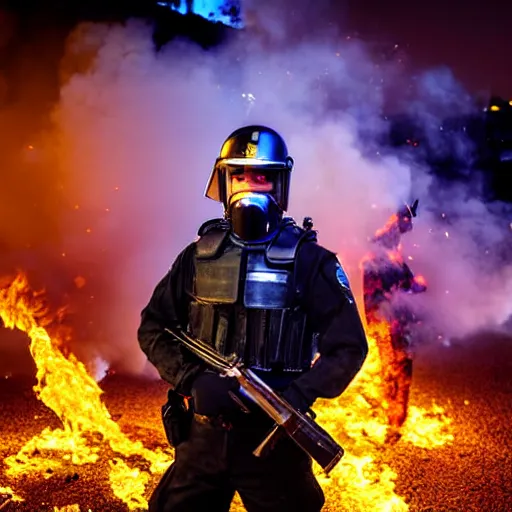 Image similar to portrait of a anti-riot policeman on fire , front, centered, riot background, at night, mid shot , editorial photography