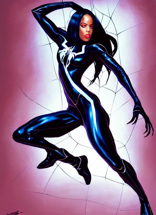 Prompt: full body portrait of marvel cinematic universe aaliyah haughton, venom, elegant, webs, super hero, spider web background, highly detailed!! digital painting, artstation, glamor pose, concept art, sharp focus, illustration, art by artgerm and greg rutkowski, artey freytag