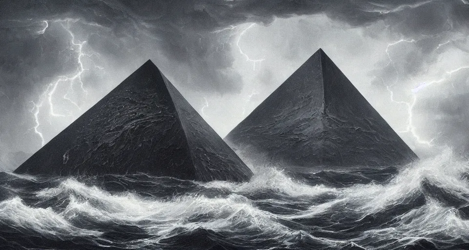 Image similar to black lovecraftian eldritch!! obsidian pyramid!! on a snowy island surrounded by raging stormy seas, with a large shadow of a creature in the background by eugene von guerard, ivan shishkin, night, red lightning!!, storm!, dramatic lighting, concept art, trending on artstation, 8 k