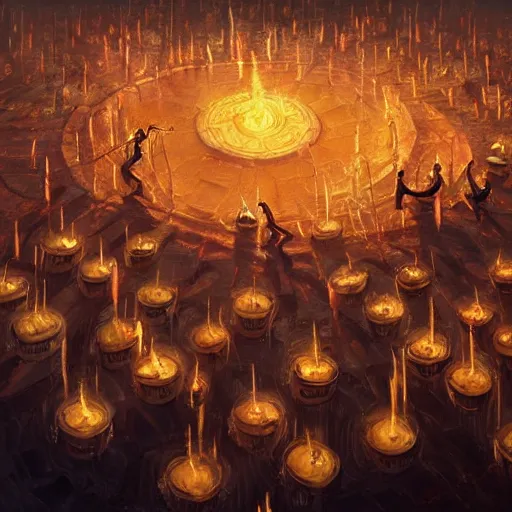 Prompt: highly detailed painting of a a group of sorcerers conducting a ritual in a ring of candles in the style of Greg rutkowski and Peter mohrbacher, trending on artstation