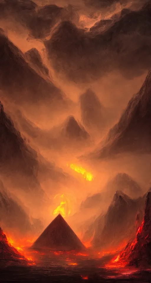 Image similar to black lovecraftian eldritch!! obsidian pyramid!! a in a dark cave, underground, lava flowing, by eugene von guerard, ivan shishkin, night, red lightning!!, storm!, dramatic lighting, concept art, trending on artstation, 8 k