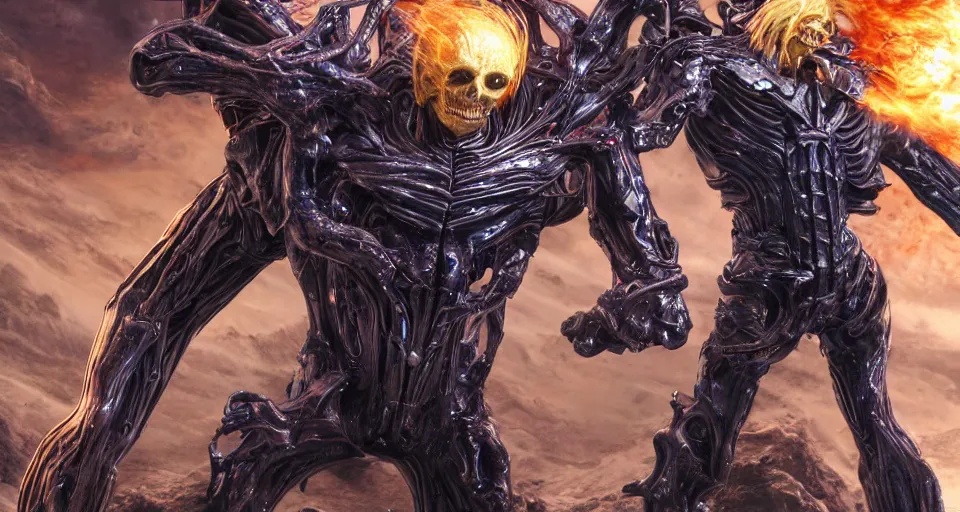 Image similar to Cosmic Ghost Rider Designed By Moebius Yasushi Nirasawa and HR Giger, full body action pose, hyperrealistic, octane render, HDR, volumetric lighting,