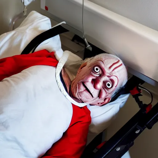 Image similar to crazy elderly clown supine in hospital bed, strapped into bed with restraints, photograph, 8 k