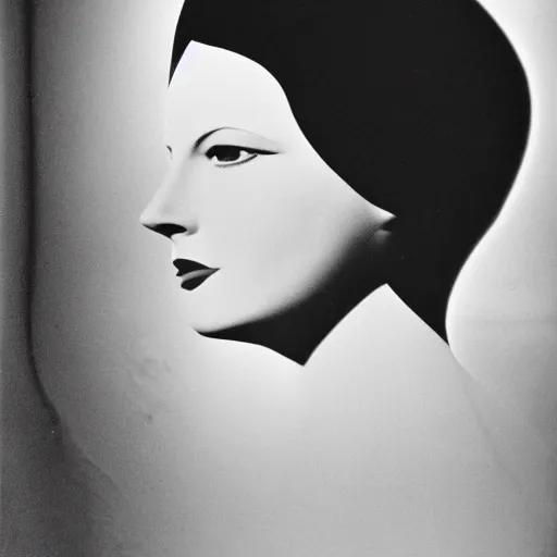 Prompt: Close-up portrait of a femme fatale. Face. Shadow and light. Abstract. Lines and geometry. Surrealist. Black and white. Side lighting. Greta Garbo. Romy Schneider. Golden ratio. Photography by Dora Maar. 1934.