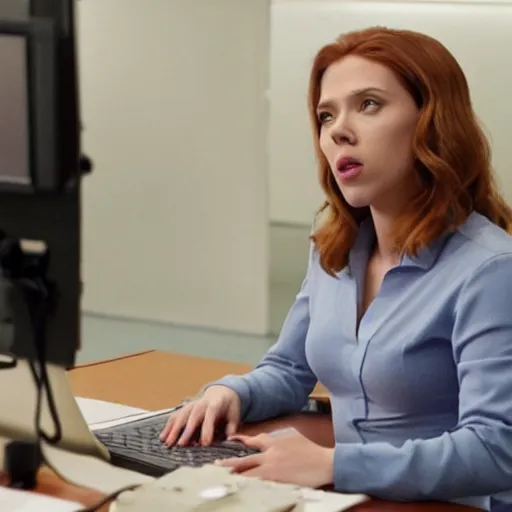 Prompt: Scarlett Johansson as Pam beesly at her desk answering the phone, photoreal broadcast quality