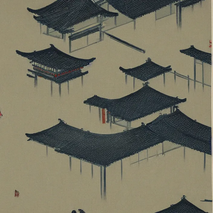 Image similar to a building in a serene landscape, traditional japanese painting