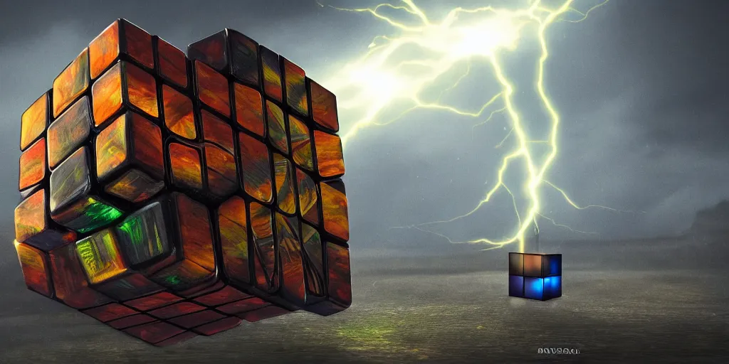 Image similar to Magical glowing Rubik's cube with lightning effects surrounding it, levitating above an ancient mysterious platform outside on an overcast day, concept art, high detail, dramatic lighting, artstation, cinematic