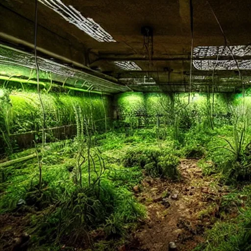 Prompt: abandoned, overgrown, underground bunker, room with mutated sundew plants, beautiful, underground