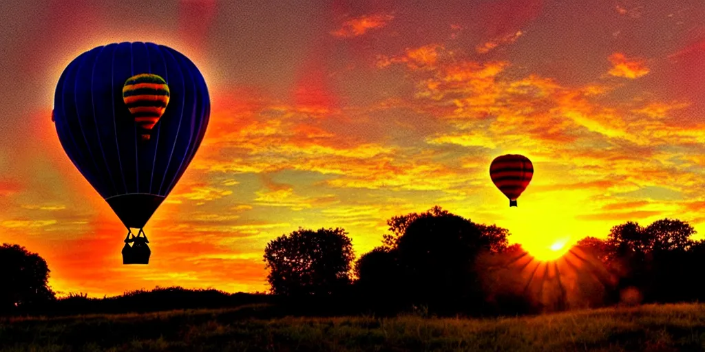 Image similar to hot air balloon, sunset, cartoon