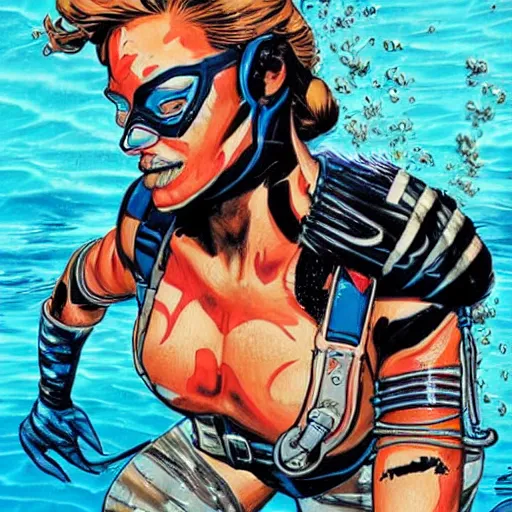 Image similar to full body painting of an underwater diver, by MARVEL comics and Sandra Chevrier