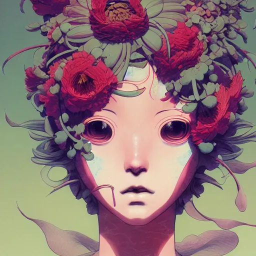 Image similar to prompt : flower character portrait soft light painted by james jean and katsuhiro otomo and erik jones, inspired by akira anime, smooth face feature, intricate oil painting, high detail illustration, sharp high detail, manga and anime 1 9 9 9