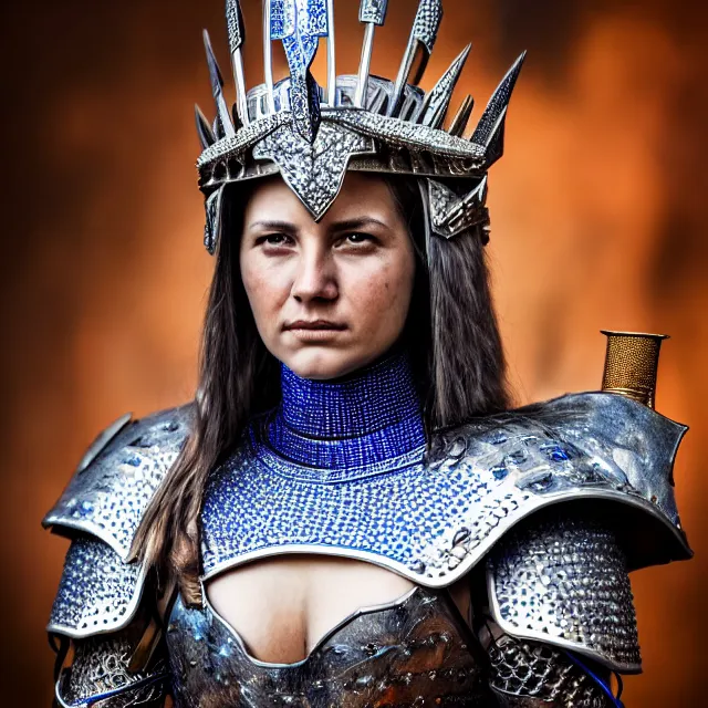 Image similar to full length photo of a beautiful warrior queen wearing sapphire encrusted armour, highly detailed, 8 k, hdr, smooth, sharp focus, high resolution, award - winning photo