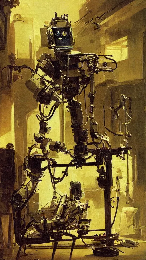 Prompt: robot artist painting a canvas, the painting is of a robot. intricate, highly detailed, photorealistic, film still, by carl spitzweg.