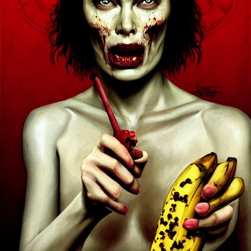 Image similar to color head portrait of lena headey eating a banana as a zombie, 7 days to die zombie, gritty background, fine art, award winning, intricate, elegant, sharp focus, cinematic lighting, digital painting, 8 k concept art, art by michael hussar, art by brom, art by guweiz and z. w. gu, 8 k