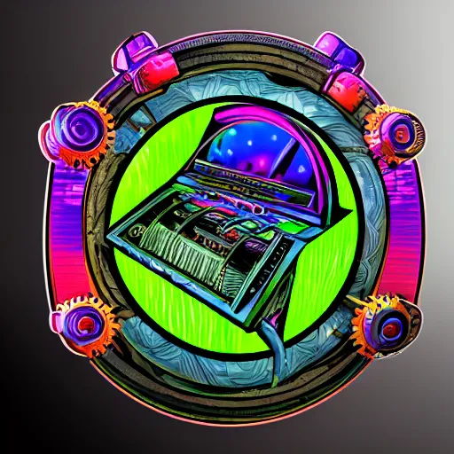 Prompt: sticker of a rock band, name is tripmachine, on the sticker is a 3 d render of a huge futuristic steampunk generator with gears and trippy tubes, 8 k, fluorescent colors, halluzinogenic, multicolored, exaggerated detailed, silk screen art