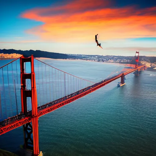 Prompt: golden gate bridge, sunset, dragon flying above