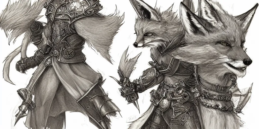 Image similar to heroic character design of anthropomorphic fox, whimsical fox, portrait, holy crusader, final fantasy tactics character design, character art, whimsical, stunning, lighthearted, colorized pencil sketch, highly detailed, Akihiko Yoshida