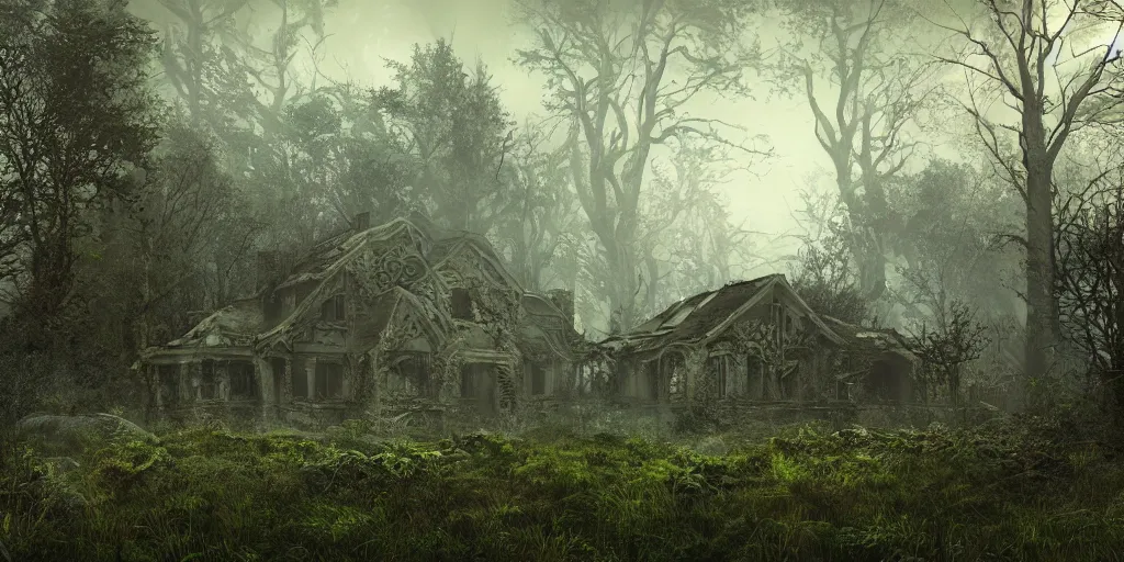 Prompt: photorealistic, ruined english bungalow, overgrown vegetation, in the forest, apocalypse, night, fog, shadowy creatures lurking in foliage, cthulhu, hellscape, hyperrealistic, grimdark, artstation