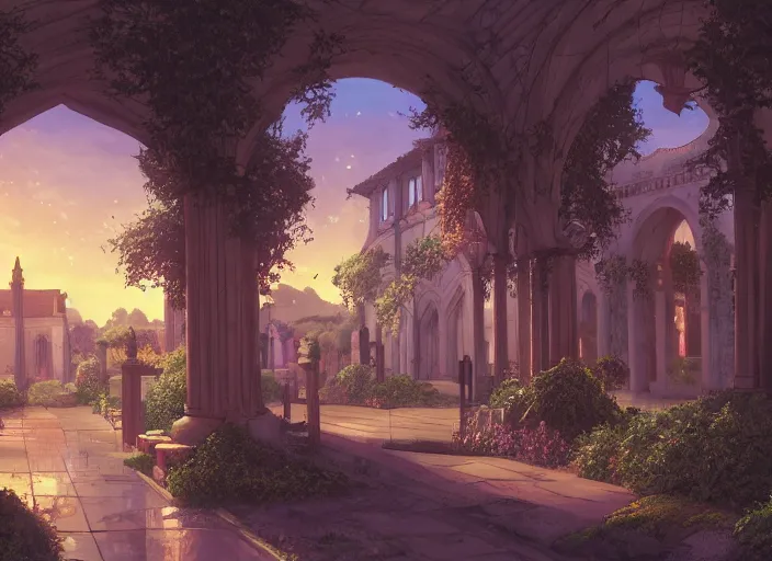 Image similar to environmental illustration of a cloister garden in a late renaissance city at sunset | | anime key visual, official media, illustrated by wlop, extremely detailed, 8 k, trending on pixiv, cinematic lighting, beautiful