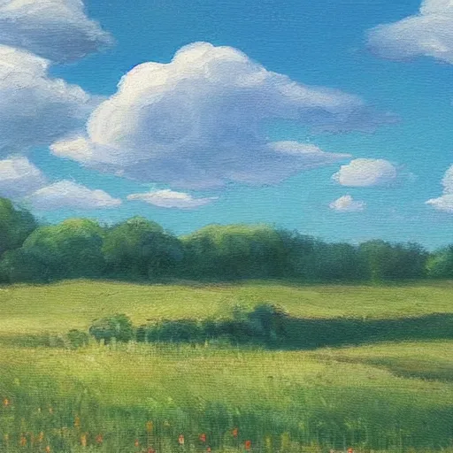 Image similar to This painting shows a beautiful summer's day. The blue sky is adorned with a scattering of fluffy white clouds. The scene is painted against a green background, and the hazy light of the sun has cast a rosy glow over everything.