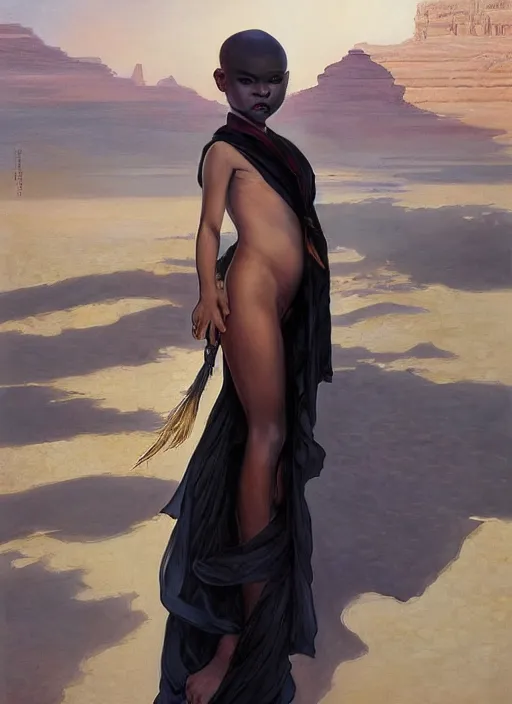 Prompt: a little black frog - child with no hair wearing a white robe, standing in the arabian desert, beautiful painting by artgerm and greg rutkowski and alphonse mucha