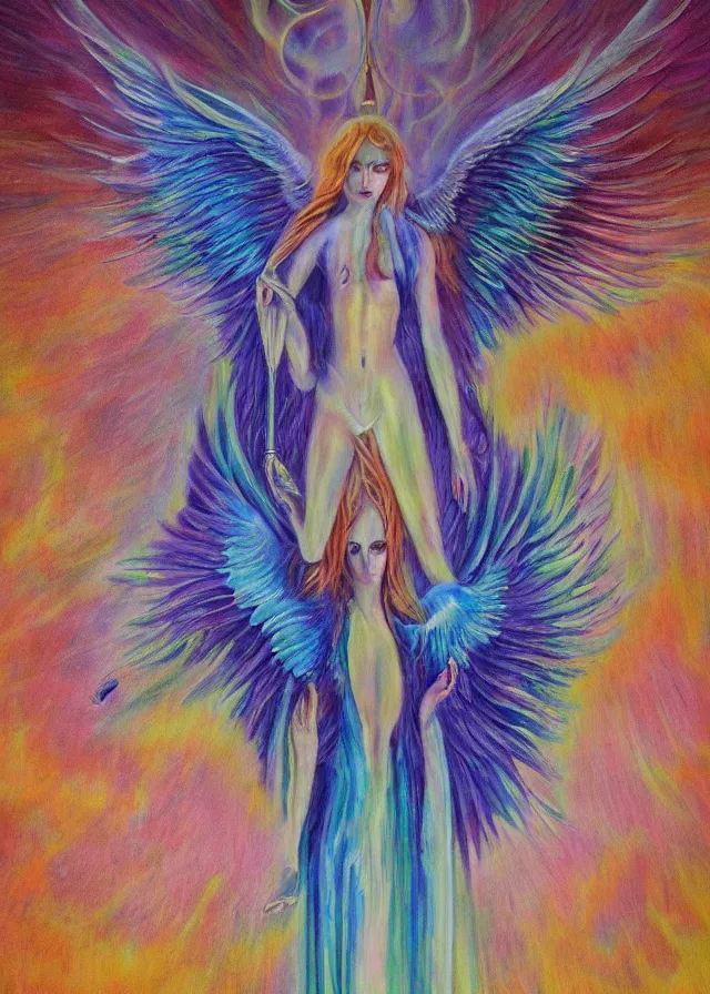 Prompt: Lucifer of the lunar mythos mercurial classical (surreal) angel mist, award winning oil painting, chromatic aberration polychromatic color palette