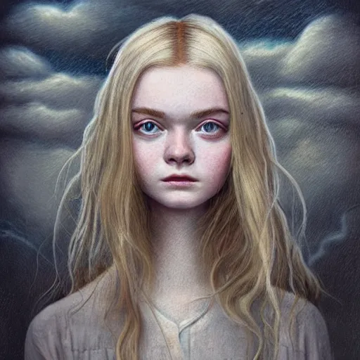 Prompt: professional painting of Elle Fanning in the style of Andrew Ferez, head and shoulders portrait, symmetrical facial features, smooth, sharp focus, illustration, intricate, stormy weather, extremely detailed masterpiece,