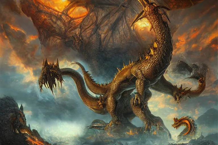 Prompt: ultra realist soft painting of an epic army facing a gigantic dragon, very intricate details, golden ratio, volumetric rainbow lighting, reflections, refractions, symmetry accurate anatomy features, fantasy war scene background, unreal render, Boris Vallejo artstyle