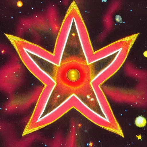 Prompt: a yellow star with 8 branches, an open eye in its center, each branch of the star is connected to the top of the photo by a white thread, on either side of the photo is an unfolded multicolored wing, the space in the background