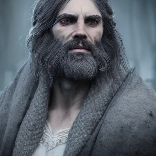 Image similar to a highly detailed portrait of a man without a beard, purple eyes, light gray long hair, wearing a black cloak, artstation, DeviantArt, professional, octane render