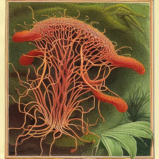 Prompt: Botanical illustration of sentient Clathrus ruber cordyceps slime mold in its native habitat by Haeckel and, ultradetailed digital art, vivid natural color hues