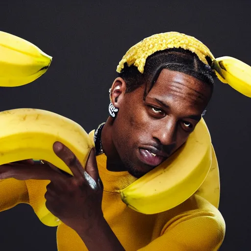 Image similar to travis scott riding a banana, realistic, sharp focus, ultra high details, 8 k, hd, sharp, detailed face