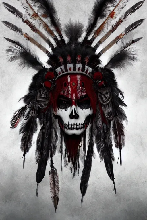 Image similar to the ghost - spirit of the grim - warpaint wears the scarlet skull armor and native blood headdress feathers, midnight fog - mist!, dark oil painting colors, realism, cinematic lighting, various refining methods, micro macro autofocus, ultra definition, award winning photo