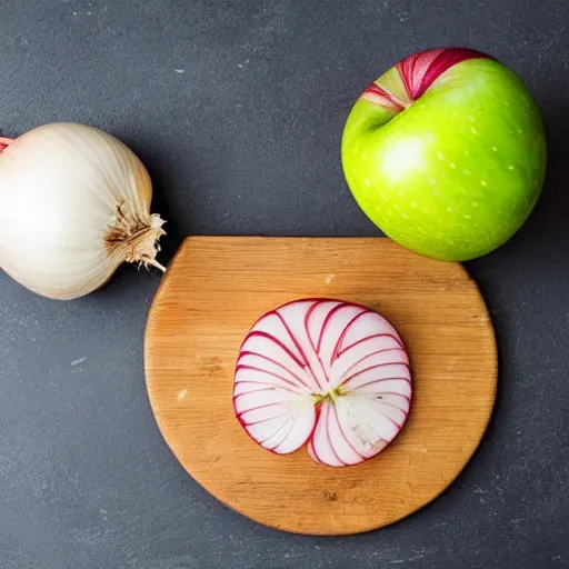 Image similar to scale with one apple in one side and one onion in the other