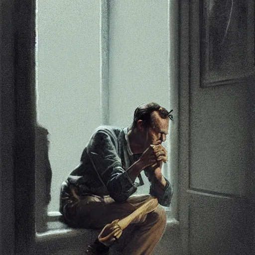 Image similar to a highly detailed epic cinematic concept art CG render digital painting artwork costume design: Henry Fonda as a 1950s tired disillusioned poet, barefoot, smoking a cigarette. volumetric lighting. By Greg Rutkowski, in the style of Francis Bacon and Syd Mead and Norman Rockwell and Beksinski, open ceiling, highly detailed, painted by Francis Bacon and Edward Hopper, painted by James Gilleard, surrealism, airbrush, Ilya Kuvshinov, WLOP, Stanley Artgerm, very coherent, triadic color scheme, realistic facial expression, art by Takato Yamamoto and James Jean