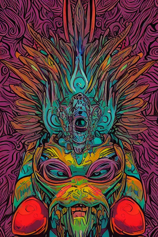 Image similar to animal mask totem roots flower tribal feather gemstone plant wood rock shaman vodoo video game vector cutout illustration vivid multicolor borderlands comics by josan gonzales and dan mumford radiating a glowing aura